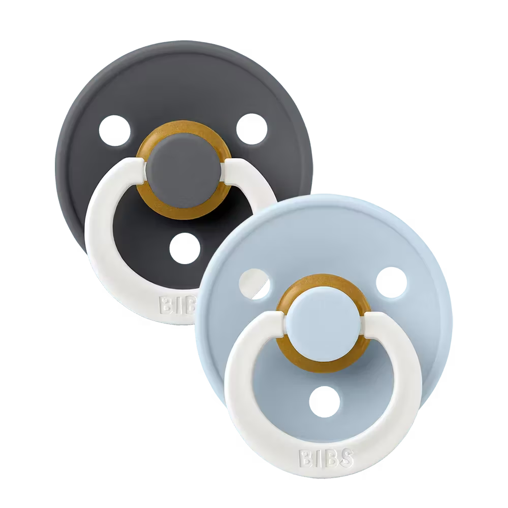 BIBS Colour GLOW Pacifiers 2 Pack | Iron / Baby Blue