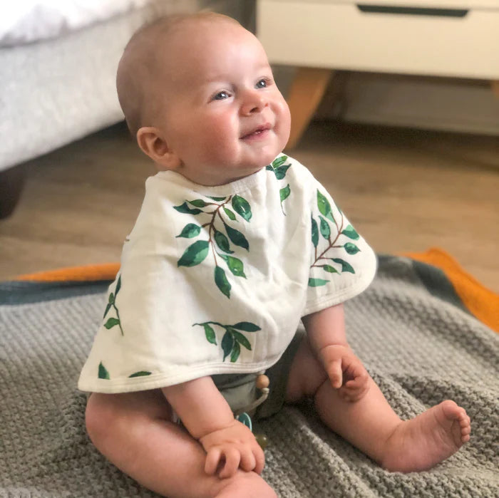 2-in-1 Burp Cloth + Bibs | Green Leaves + White