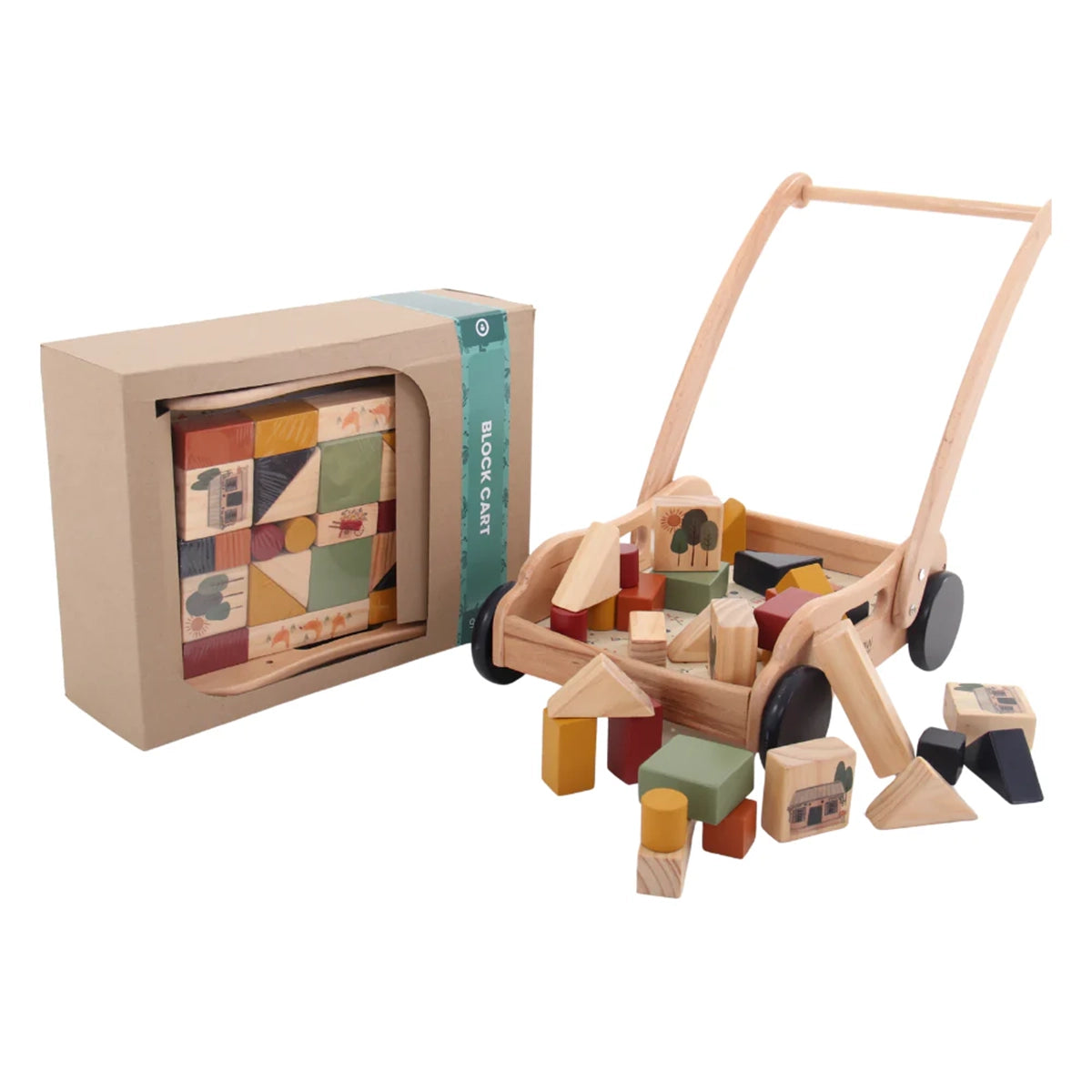 Wooden Toy Block Push Cart | 32 Piece Set