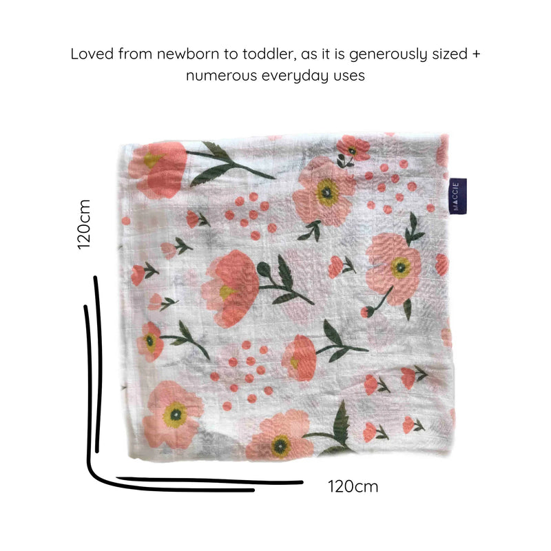 Bamboo Muslin Swaddle Baby Blanket | Pink Poppy Flowers