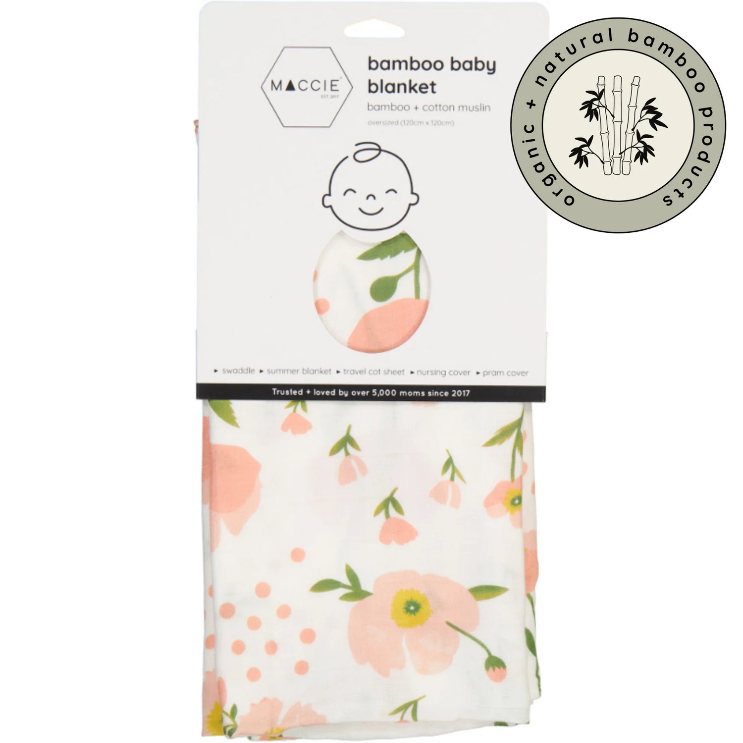 Bamboo Muslin Swaddle Baby Blanket | Pink Poppy Flowers