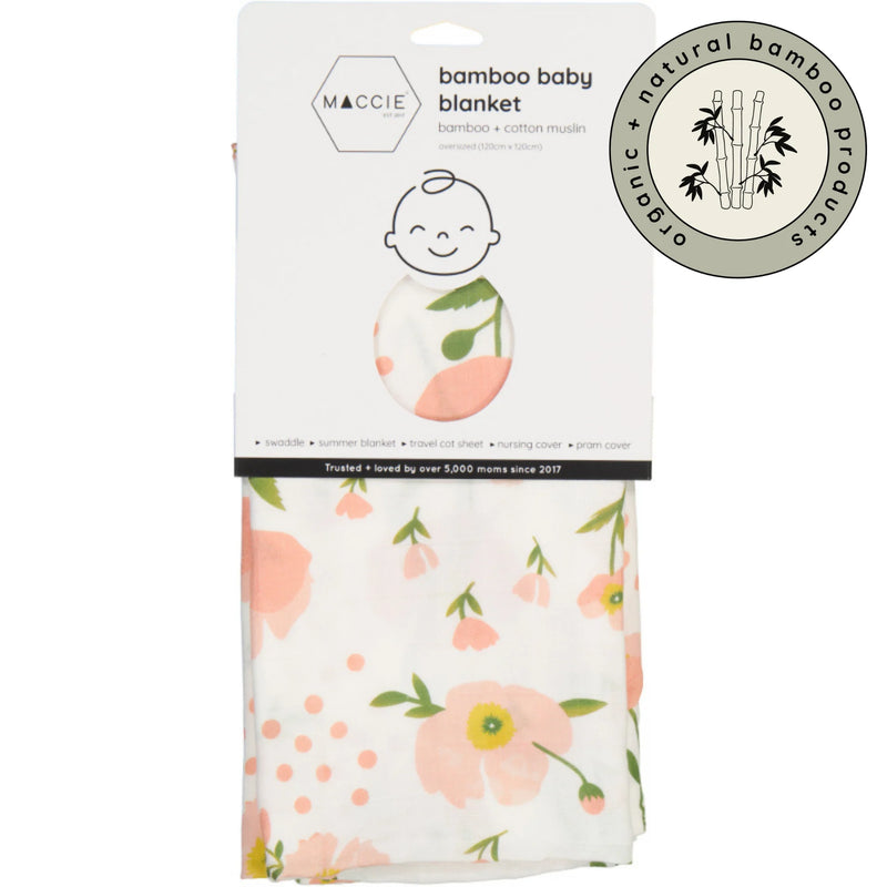 Bamboo Muslin Swaddle Baby Blanket | Pink Poppy Flowers