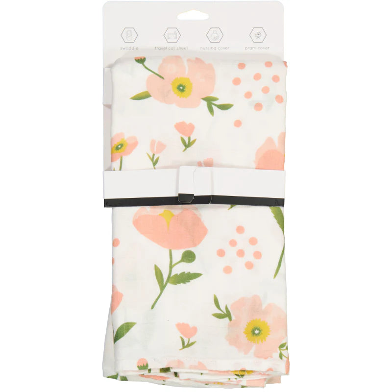 Bamboo Muslin Swaddle Baby Blanket | Pink Poppy Flowers