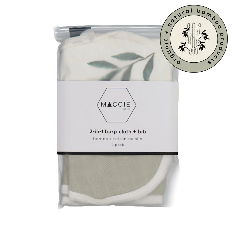 2-in-1 Burp Cloth + Bibs | Green Leaves + White